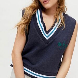 Urban Outfitters Preppy Sweater Vest V Neck Tennis Prep Collegiate Blue White L